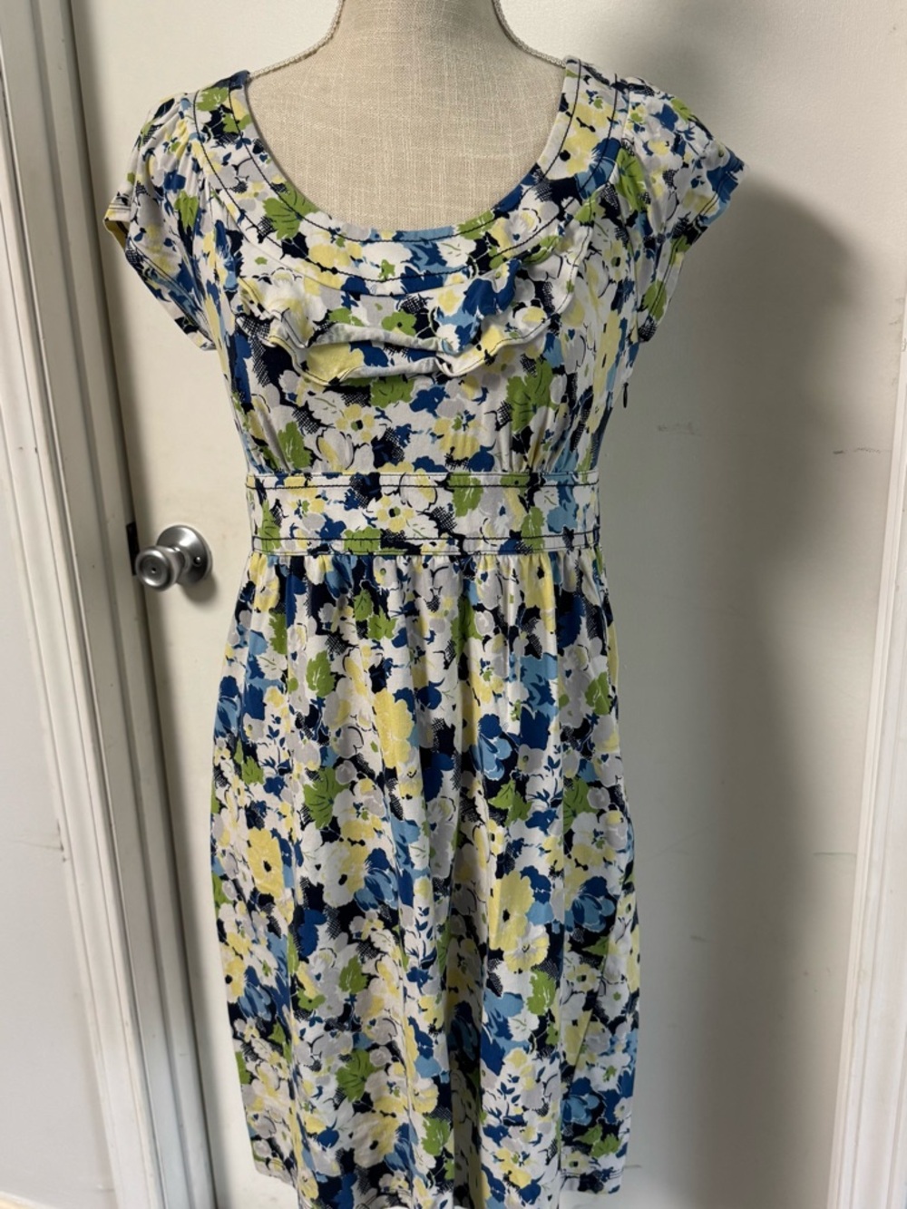LOFT Blue, Green & White Floral Scoop-Neck Midi Dress